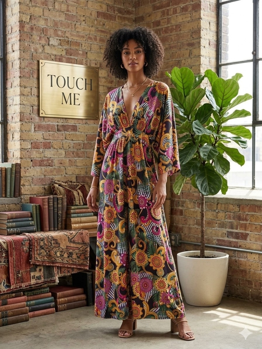 Touch Me Floral Multi-Color Maxi Dress with V-Neck and Tie Waist Woman's